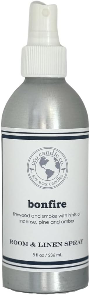 Eco Candle Co. Room & Linen Spray, Bonfire, 8 oz. - Scents of Smoldering Wood, Smoke, & Incense - Recycled Aluminum Bottle, No Propellents, Pump Top, All Natural Ingredients