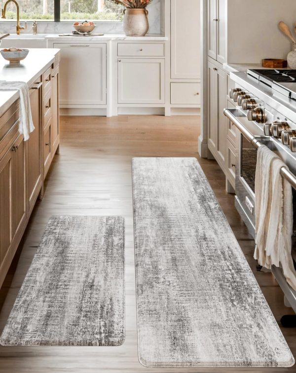 Homergy Anti Fatigue Kitchen Mats for Floor 2 PCS, Memory Foam Cushioned Rugs, Comfort Standing Desk Mats for Office, Home, Laundry Room, Waterproof & Ergonomic, 17.3×30.3 & 17.3×59, Pewter