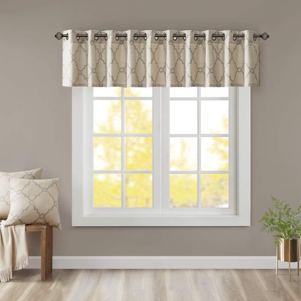 Madison Park Saratoga Light Filtering Fretwork Print Grommet Top Window Valance Swags for Living Room Bedroom and Kitchen, 50x18", Beige/Grey