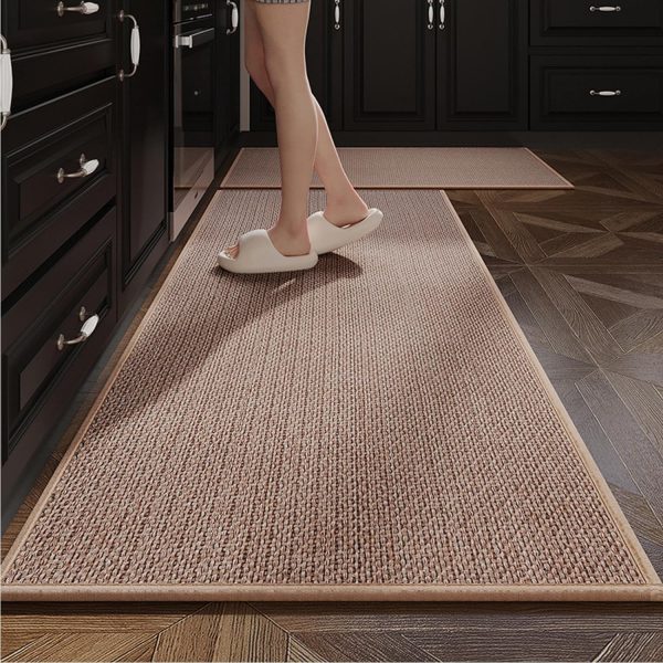 Yancorp Kitchen Rugs of 2 PCS Kitchen Floor Mats Washable Outdoor Rug Jute Rug Non Slip Kitchen Runner Rugs Mats Absorbent Cushioned Anti Fatigue for Kitchen, Floor Home, Office, Laundry,Khaki